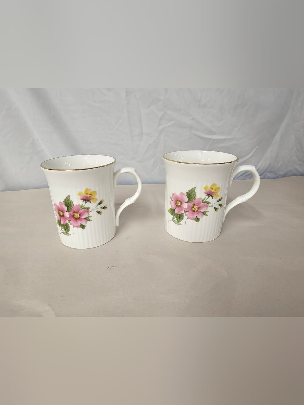 Vintage Royal Castle Fine Bone China Floral Ribbed Mugs